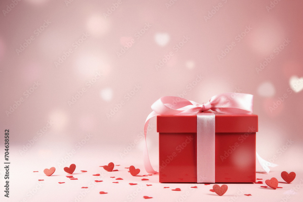 Red gift box with pink ribbon on pink bokeh background.