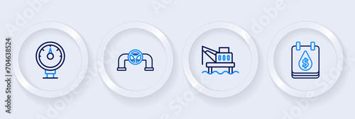 Set line Oil drop with dollar symbol, platform in the sea, pipe valve and Motor gas gauge icon. Vector