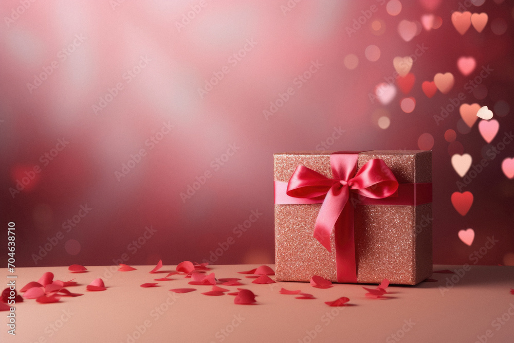 Gift box with red bow on bokeh background, valentines day concept.