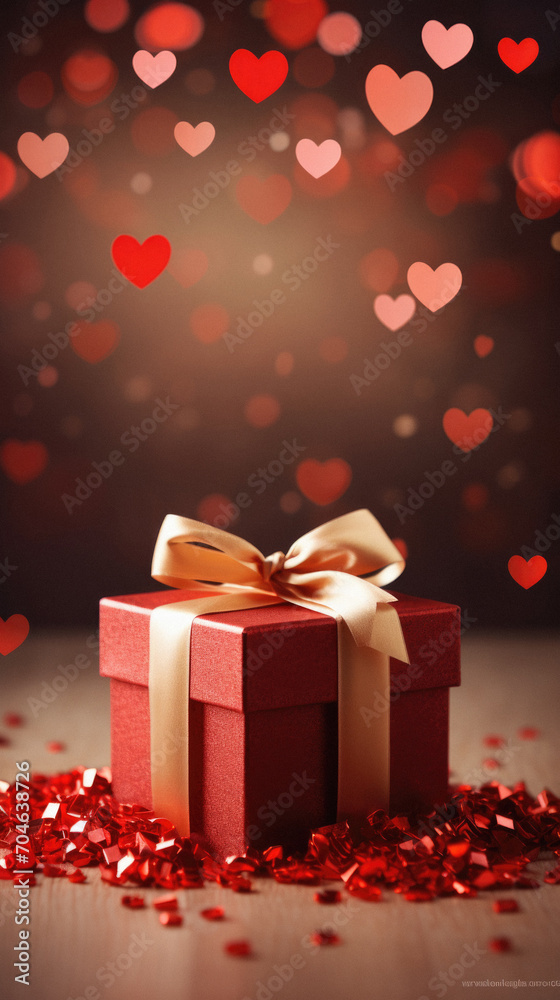Gift box with heart bokeh background. Valentines day.