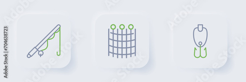 Set line Fishing lure, net pattern and rod icon. Vector
