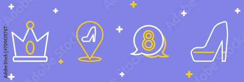Set line Woman shoe, 8 March in speech bubble, and King crown icon. Vector