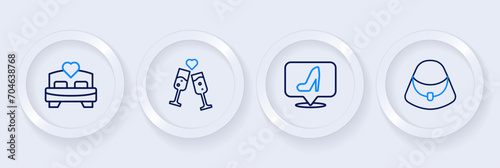 Set line Handbag, Woman shoe, Glass of champagne and Bedroom icon. Vector