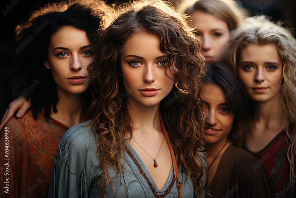 Obraz premium Diversity, beauty and portrait of a group of women in studio for skincare, makeup or cosmetic routine. Feminism, female empowerment and face of multicultural girl friends isolated by brown background
