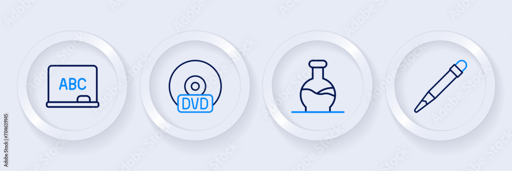 Set line Pencil with eraser, Test tube, CD or DVD disk and Chalkboard icon. Vector
