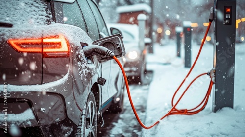 An electric car is parked at a charging station in the snow. This image can be used to illustrate eco-friendly transportation and the use of electric vehicles in winter conditions photo