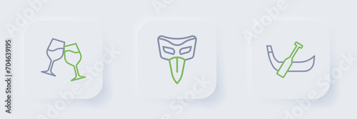 Set line Gondola boat, Carnival mask and Wine glass icon. Vector