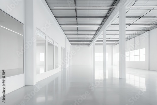 Modern empty white room with concrete columns and large windows
