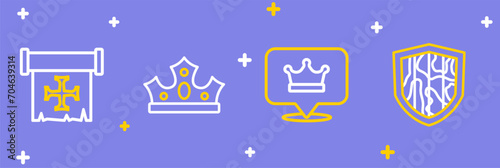 Set line Shield, King crown, and Crusade icon. Vector