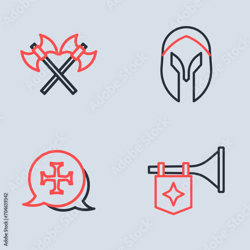Set line Medieval helmet, Crusade, Trumpet with flag and Crossed medieval axes icon. Vector