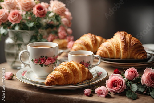 Breakfast table with coffee and croissants and a flower arrangement with roses on a sunny blurred background. Warm cozy atmosphere.