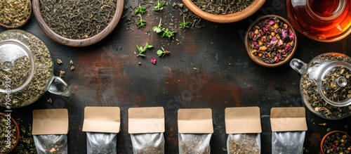 Arrange herbal tea bags and dried tea leaves with label in center of top view image, no logo. photo