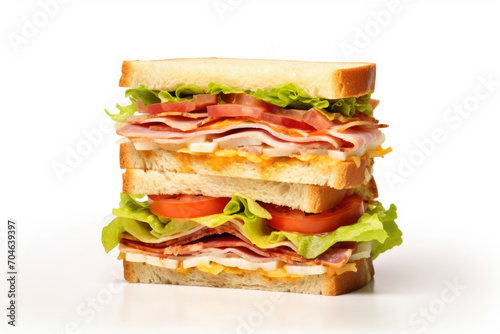 Layered tall club sandwich on the white background with ham, cheese, tomatoes, lettuce