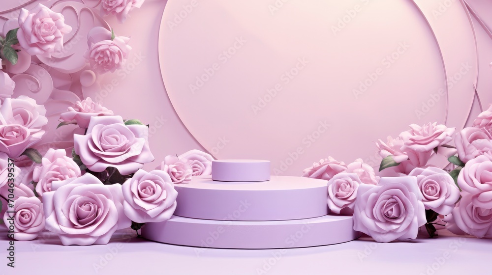 a white plate with pink flowers is placed on white backdrop with clouds a white plate with pink flowers is placed on white backdrop with clouds