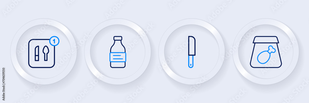 Set line Online ordering meal, Knife, Bottle of water and Food icon. Vector Set line Online ordering meal, Knife, Bottle of water and Food icon. Vector
