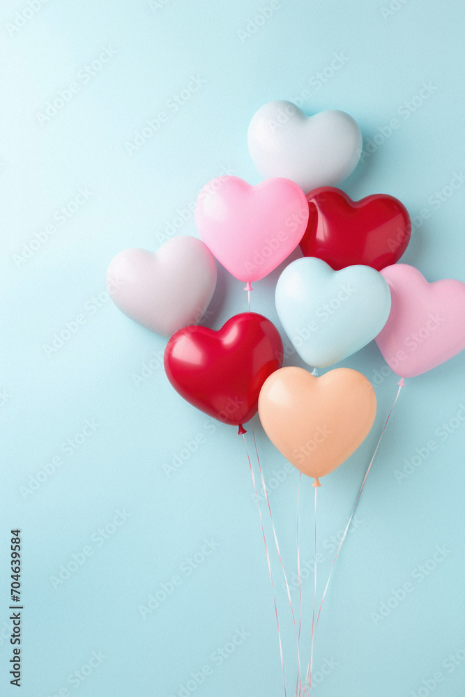 Colorful heart shaped balloons on blue background. Valentine's day concept.