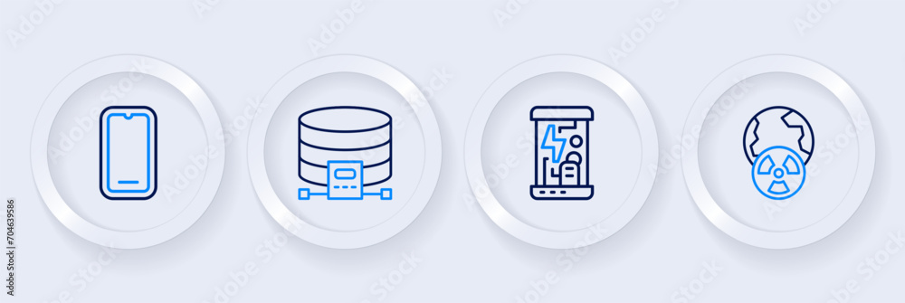 Set line Planet earth and radiation, Cryogenic capsules, Cloud database and Mobile phone icon. Vector Set line Planet earth and radiation, Cryogenic capsules, Cloud database and Mobile phone icon. Vector