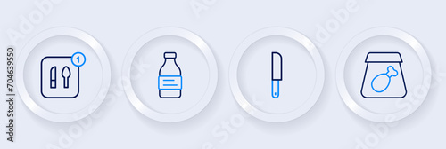 Set line Online ordering meal, Knife, Bottle of water and Food icon. Vector
