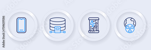 Set line Planet earth and radiation, Cryogenic capsules, Cloud database and Mobile phone icon. Vector