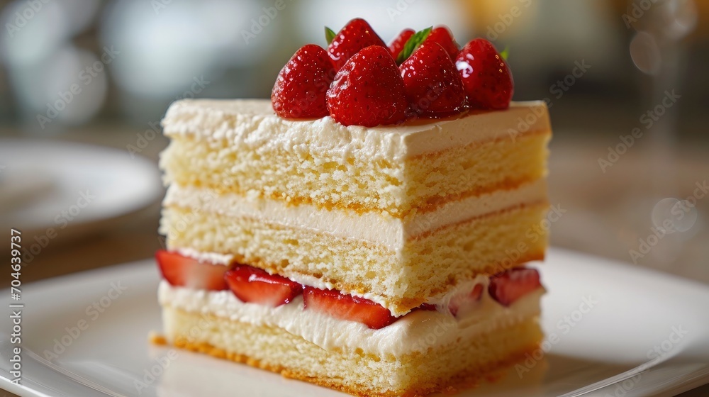 Fraisier cake is a French strawberry cake made from layers of genoise, mousseline cream and strawberries closeup on the plate on the table Fraisier cake is a French strawberry cake made from layers of genoise, mousseline cream and strawberries closeup on the plate on the table