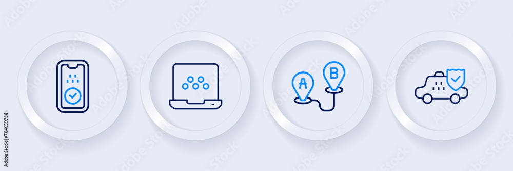 Set line Taxi car insurance, Route location, mobile app and icon. Vector Set line Taxi car insurance, Route location, mobile app and icon. Vector