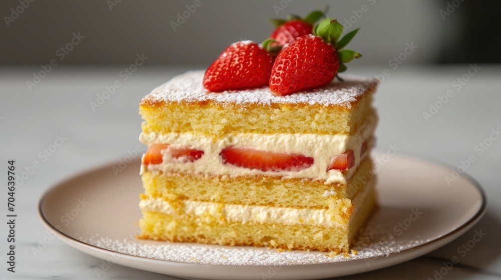 Fraisier cake is a French strawberry cake made from layers of genoise, mousseline cream and strawberries closeup on the plate on the table Fraisier cake is a French strawberry cake made from layers of genoise, mousseline cream and strawberries closeup on the plate on the table