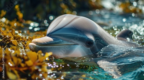  a close up of a dolphin swimming in a body of water with plants growing on the side of the water.
