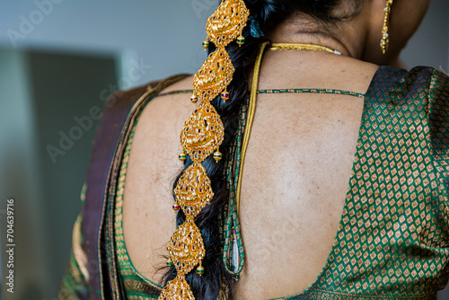 South Indian bride's wedding hairdo hairstyle hair close up