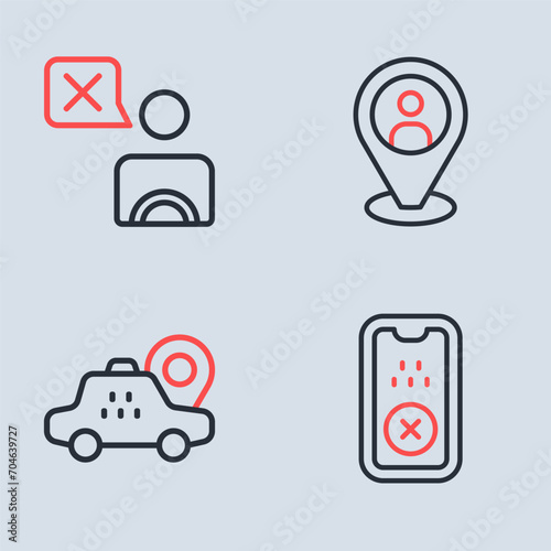 Set line Taxi client, Location taxi car, mobile app and driver icon. Vector