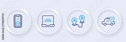 Set line Taxi car insurance, Route location, mobile app and icon. Vector