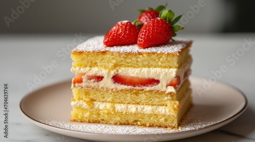 Fraisier cake is a French strawberry cake made from layers of genoise  mousseline cream and strawberries closeup on the plate on the table