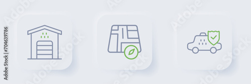 Set line Taxi car insurance, Location taxi and Garage for icon. Vector