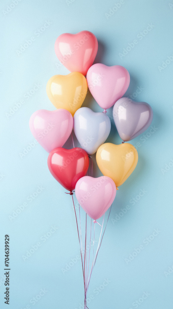 Colorful heart shaped balloons on blue background. Valentine's day concept.