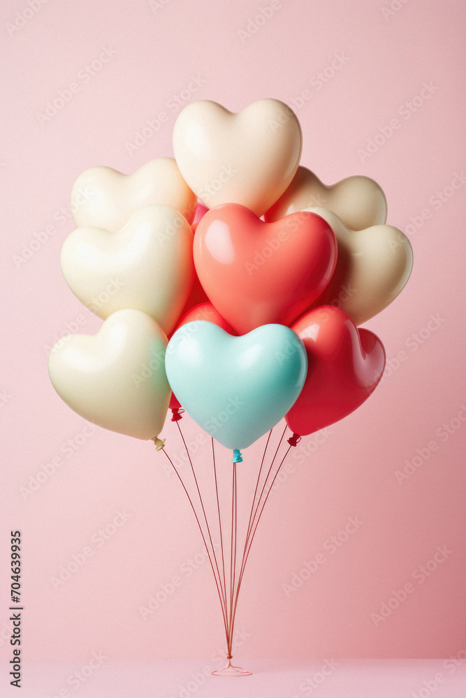 Colorful heart shaped balloons on pastel pink background. Valentine's day concept.