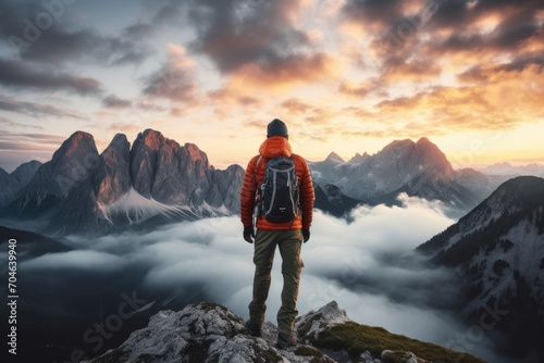A man triumphantly stands atop a mountain peak, donning a backpack, A lonely man enjoys the view of the summer mountains while he standing on a mountain peak, AI Generated