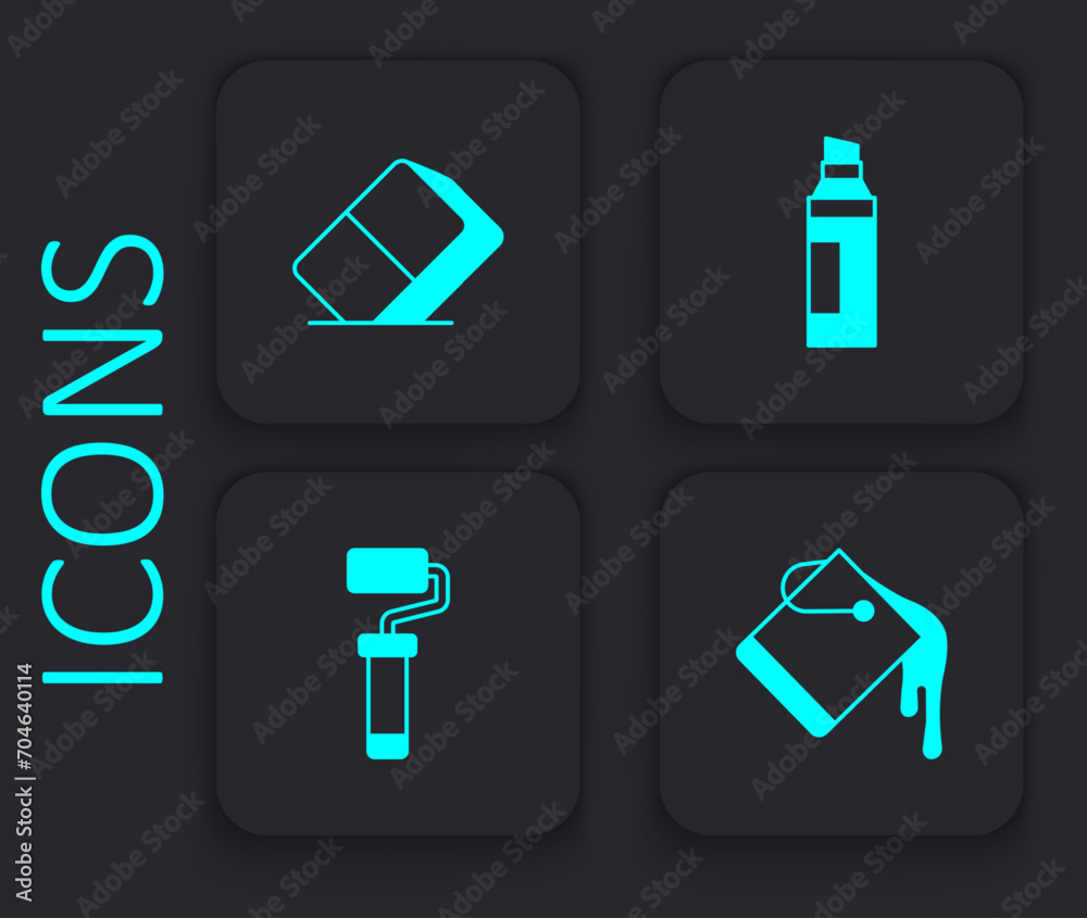 Set Paint bucket, Eraser or rubber, Marker pen and roller brush icon. Black square button. Vector Set Paint bucket, Eraser or rubber, Marker pen and roller brush icon. Black square button. Vector