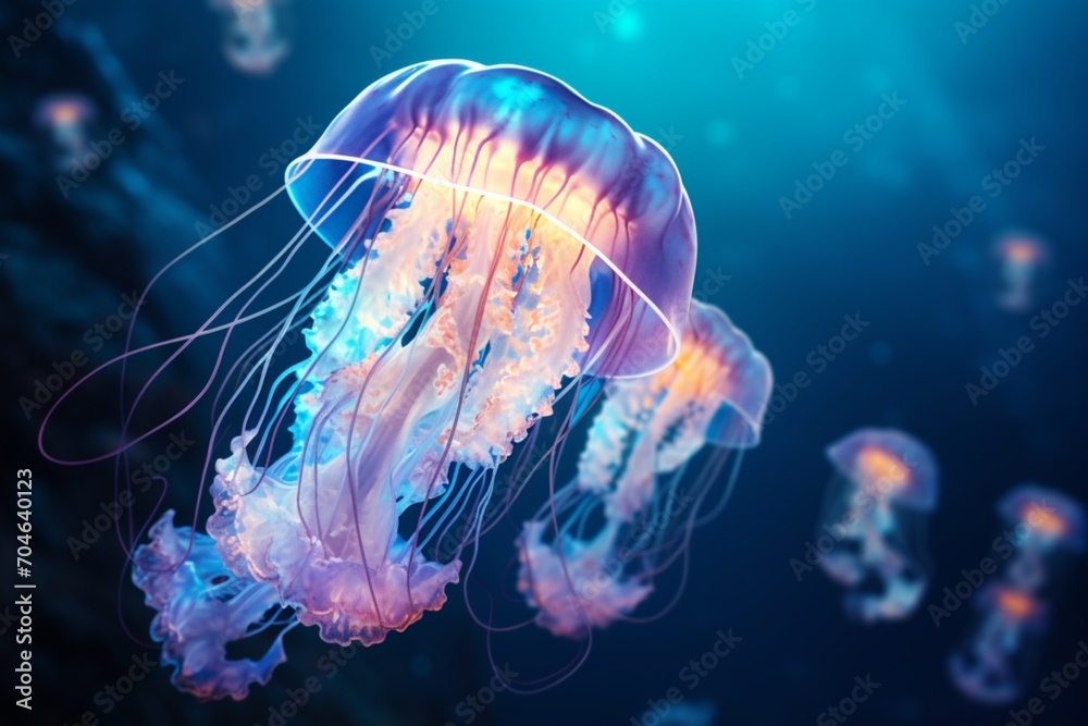 Neon blue glowing jellyfish underwater