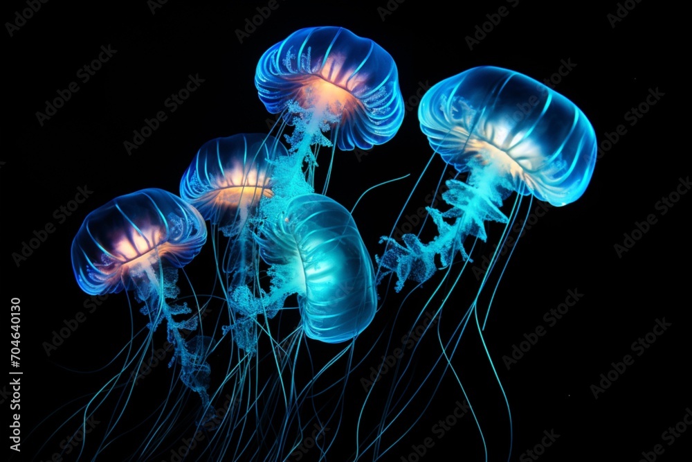 Blue glowing jellyfish on black background