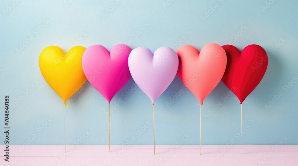 Colorful heart shaped balloons on pastel blue background. Valentines day concept.  Rendering.
