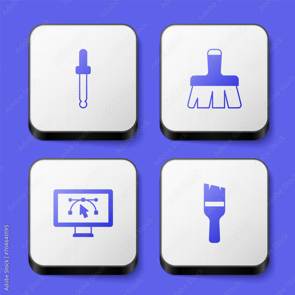Set Eyedropper color picker palette, Paint brush, Computer with design program and icon. White square button. Vector Set Eyedropper color picker palette, Paint brush, Computer with design program and icon. White square button. Vector