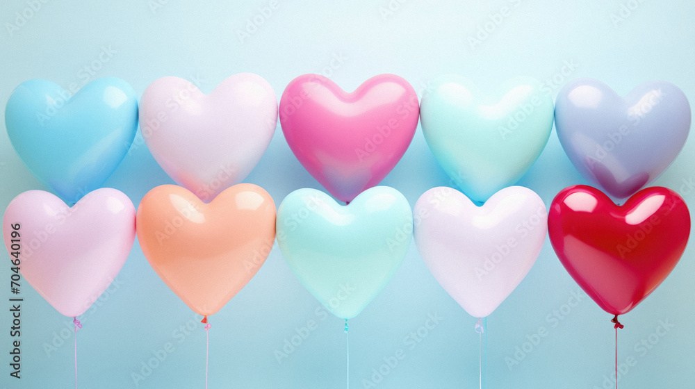 Colorful balloons in the shape of hearts on a blue background.