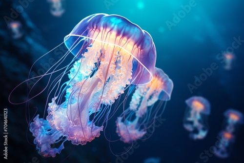 Neon blue glowing jellyfish underwater © Valery