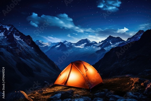 A tent stands among the majestic mountains, illuminated only by the starry night sky, Illusionary view of the internet illustrated as a boundless universe, AI Generated