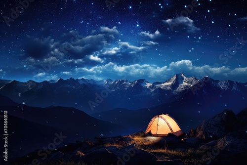 A solitary tent sits on a mountain, sheltering under the vast, star-studded night sky, Illusionary view of the internet illustrated as a boundless universe, AI Generated