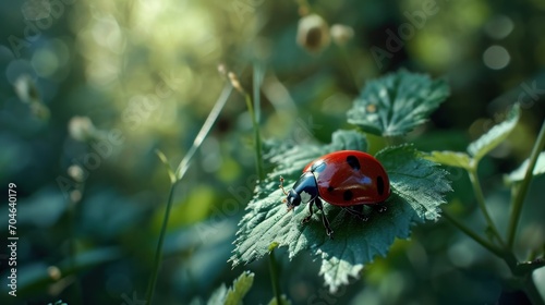  a ladybug sitting on top of a leaf on a sunny day in a forest of green grass and leaves.