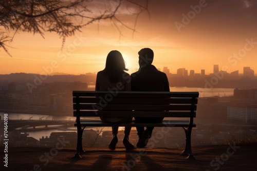 A man and woman enjoying a peaceful moment together as they sit on a bench during a beautiful sunset, Young waitress serving coffee to a diverse group of friends in a cafe or bar, AI Generated