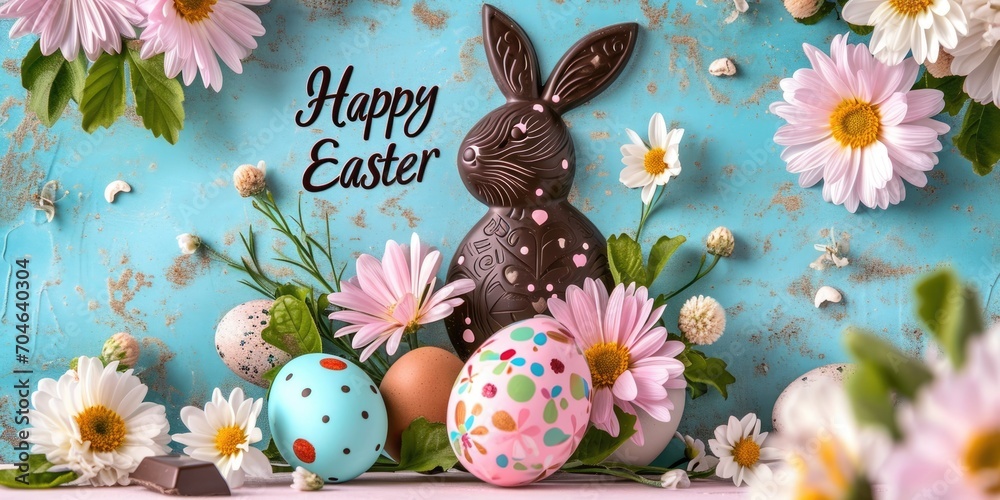 Easter Chocolate Rabbit. Happy Easter holiday background. Easter bunny, Easter eggs, beautiful spring flowers
