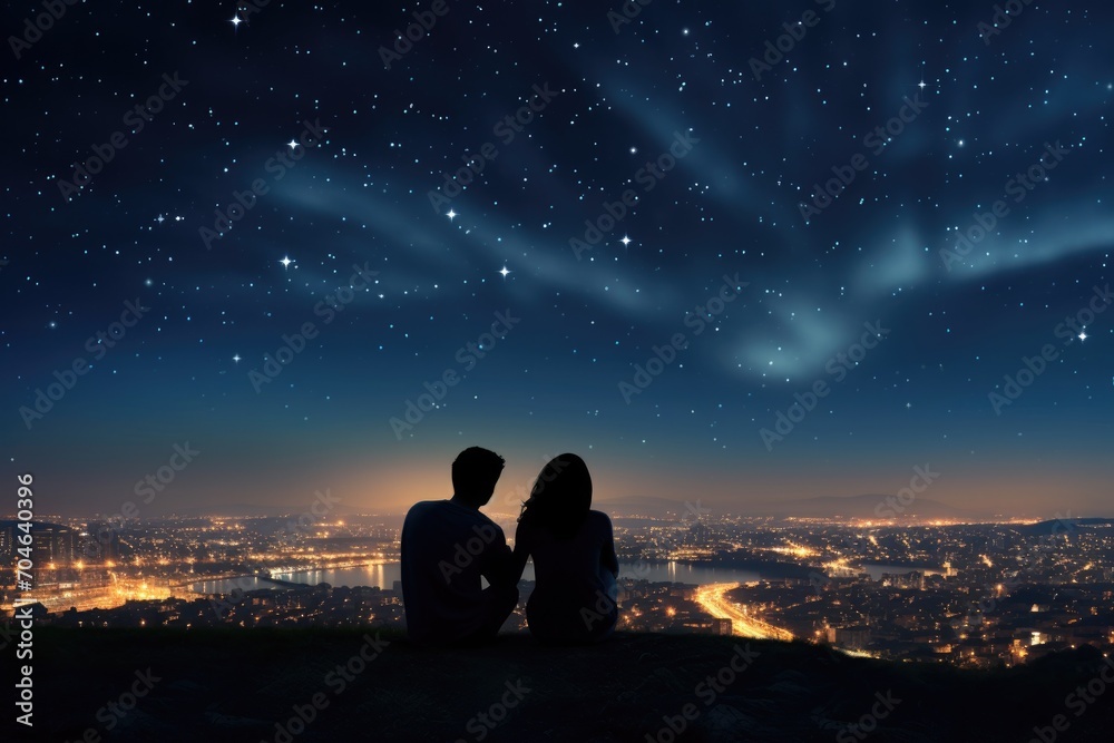 A tranquil moment of two individuals sitting on a hill, captivated by the beauty of the night sky, Silhouette of a couple sitting on a pier watching the sun setting on the horizon, AI Generated
