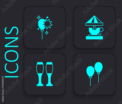 Set Balloons with ribbon, Attraction carousel and Bowling pin icon. Black square button. Vector