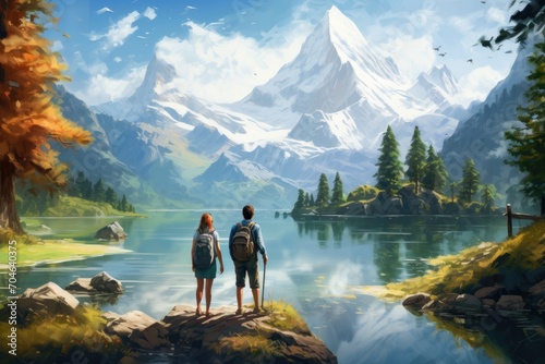 A breathtaking painting capturing the serenity of two individuals admiring a scenic mountain lake, The lively atmosphere of a New Orleans street during Mardi Gras, AI Generated